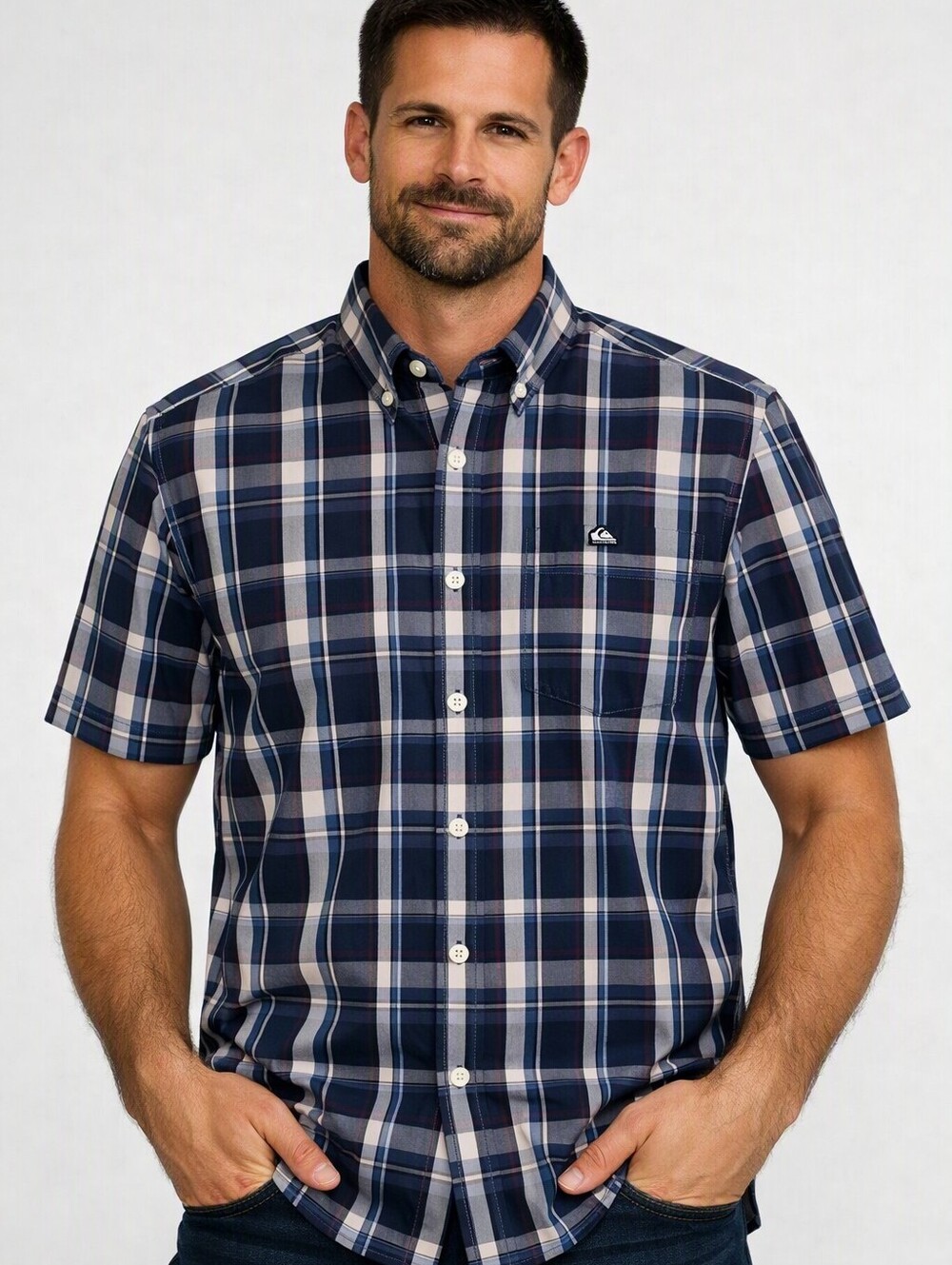 Quicksilver Shirt Button Down Mens XL Blue Plaid Short Sleeve Cotton Outdoor